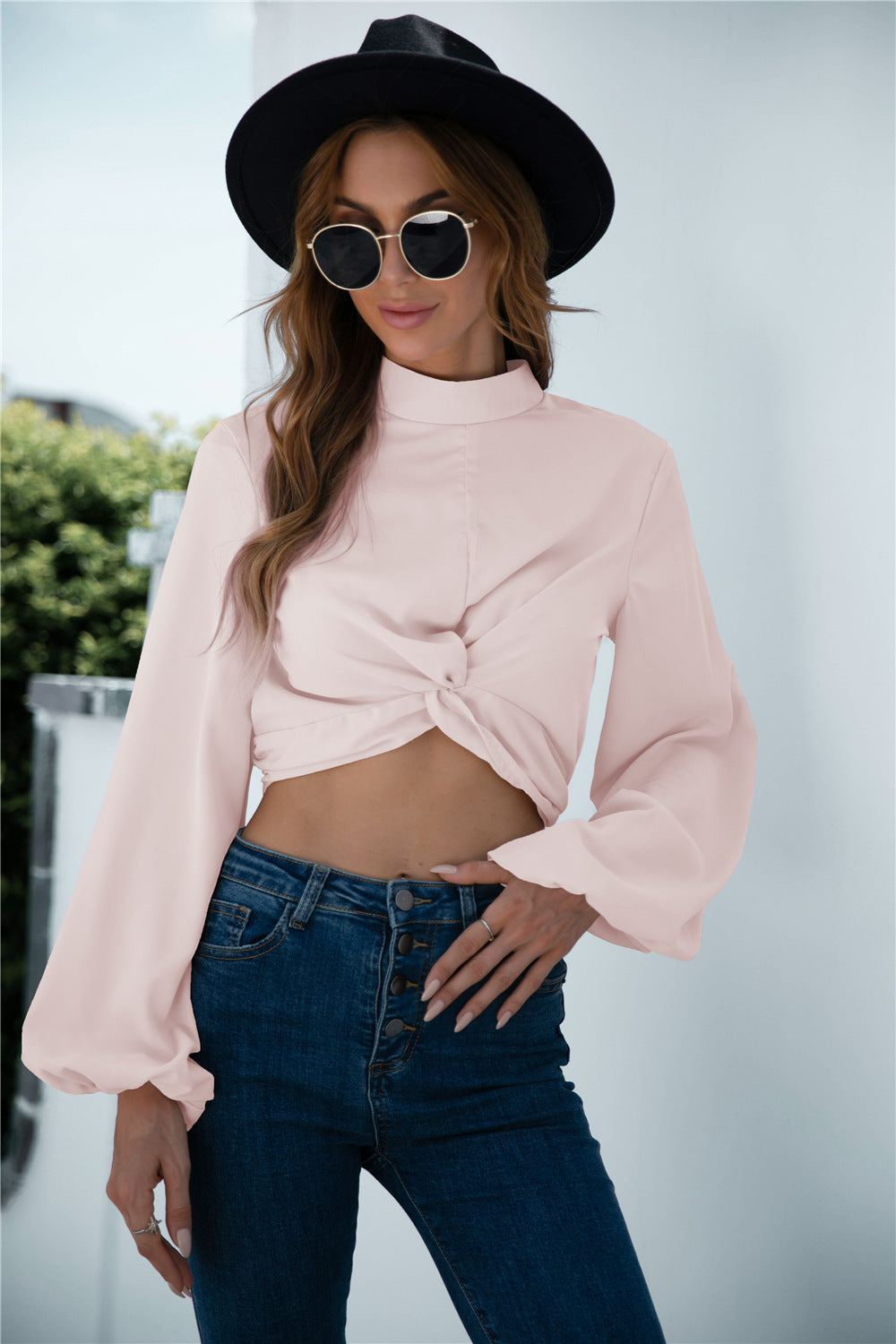 Design Twisted Lantern Sleeve Crop Top