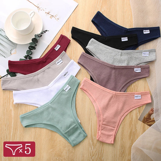 5Pcs Women's V-Waist Cotton Brazilian Panties – Comfortable Low-Rise T-Back Lingerie