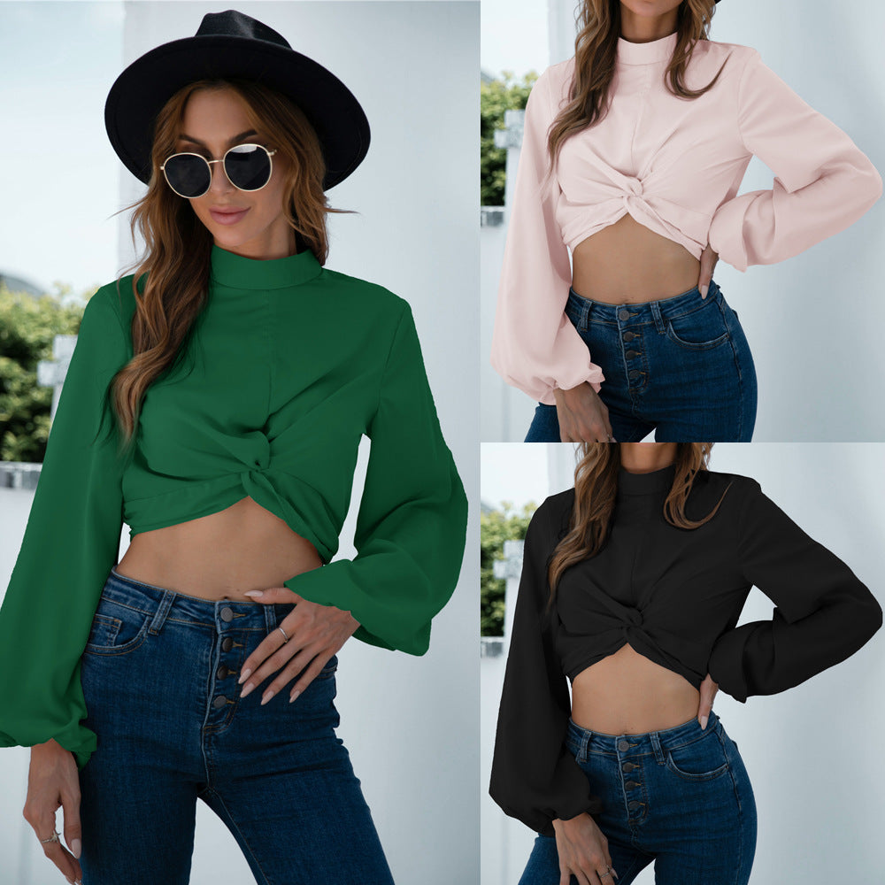 Design Twisted Lantern Sleeve Crop Top